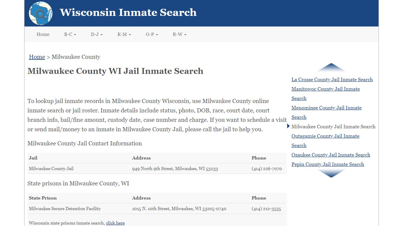 Milwaukee County WI Jail Inmate Search